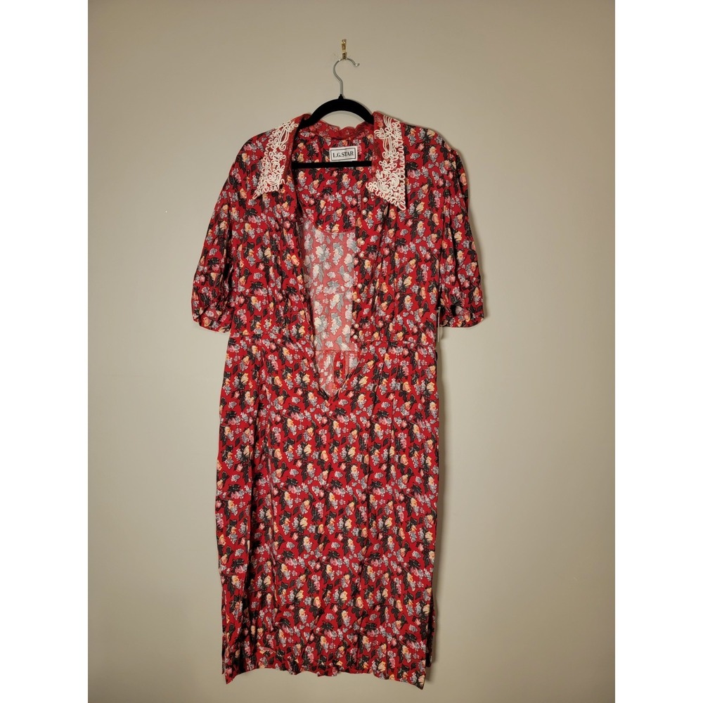 Vintage LG Star Red Floral Button Up Dress‎ SZ 14 Womens Elastic Waist